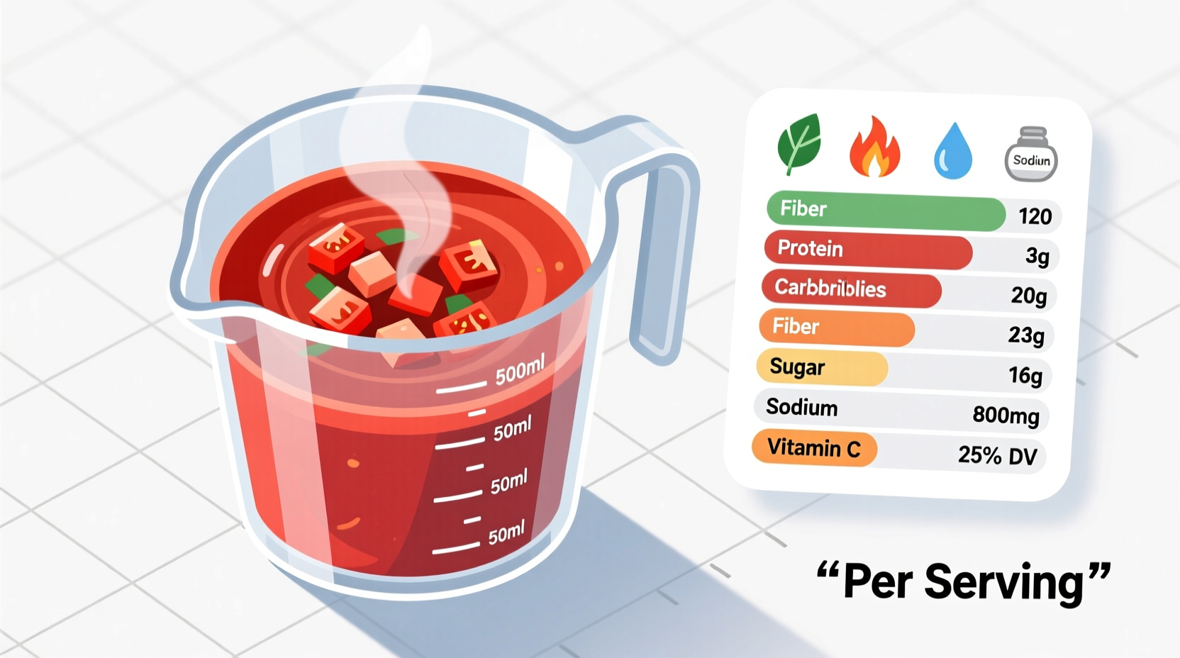 Nutritional analysis of tomato soup in measuring cup