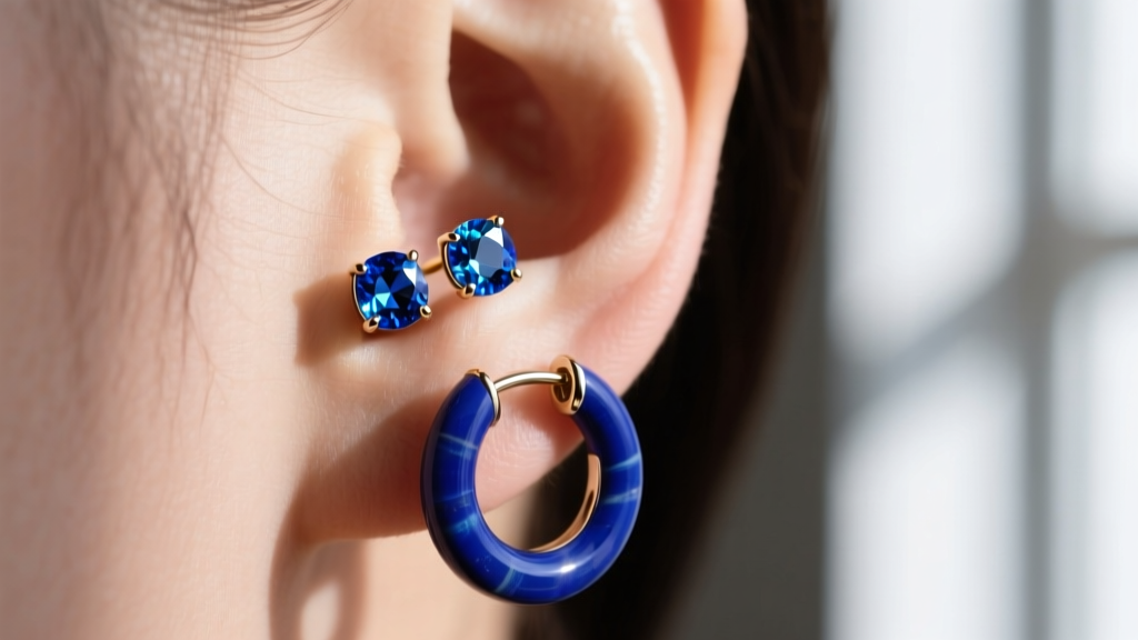 Close-up of 18-gauge Swiss blue topaz stud earrings and a small lapis lazuli huggie hoop on a soft, naturally lit earlobe.