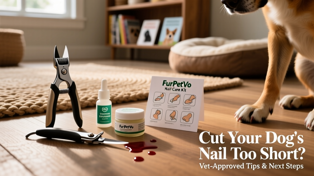 FurPetVo Nail Care Kit laid out neatly: clippers, styptic gel, paw balm, and illustrated instruction card