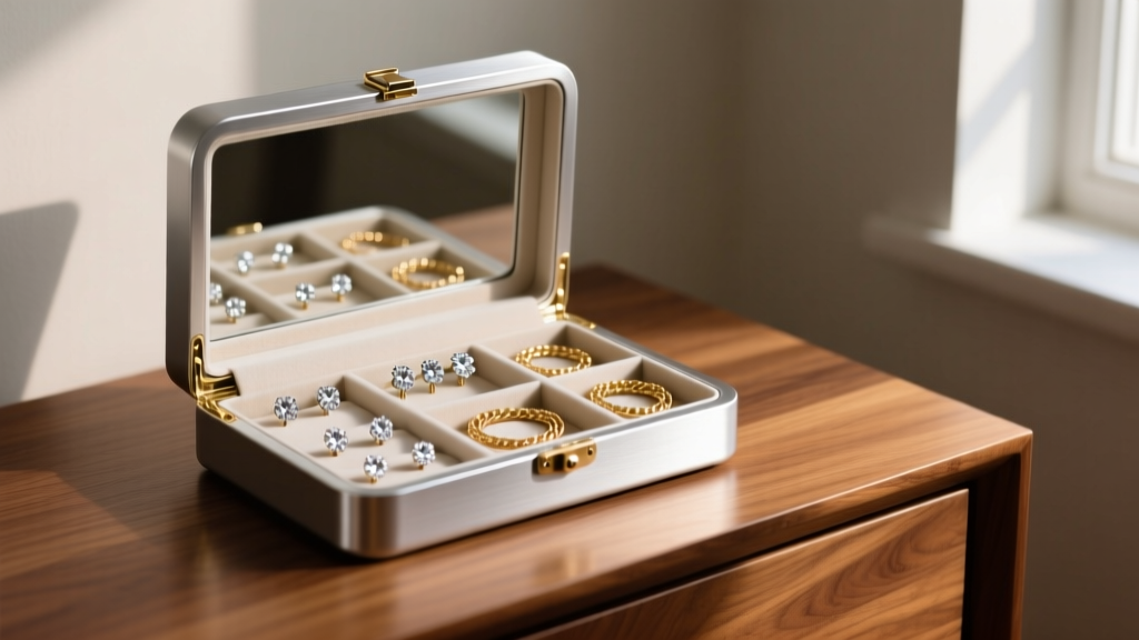 Sleek aluminum shields jewelry box on oak dresser, slightly open to reveal neatly organized diamond stud earrings and gold chains