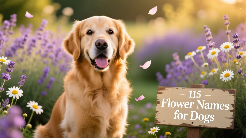 A joyful golden retriever sitting among blooming lavender and daisies in a sunlit garden