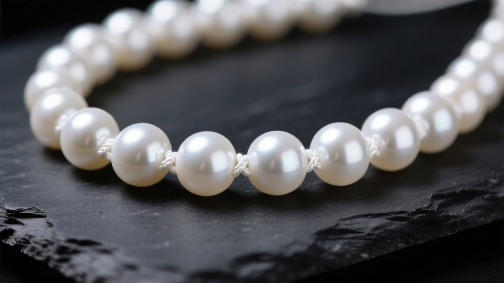 Macro shot of white Akoya pearls on dark slate, showing tight white silk knots between beads under soft directional studio light.