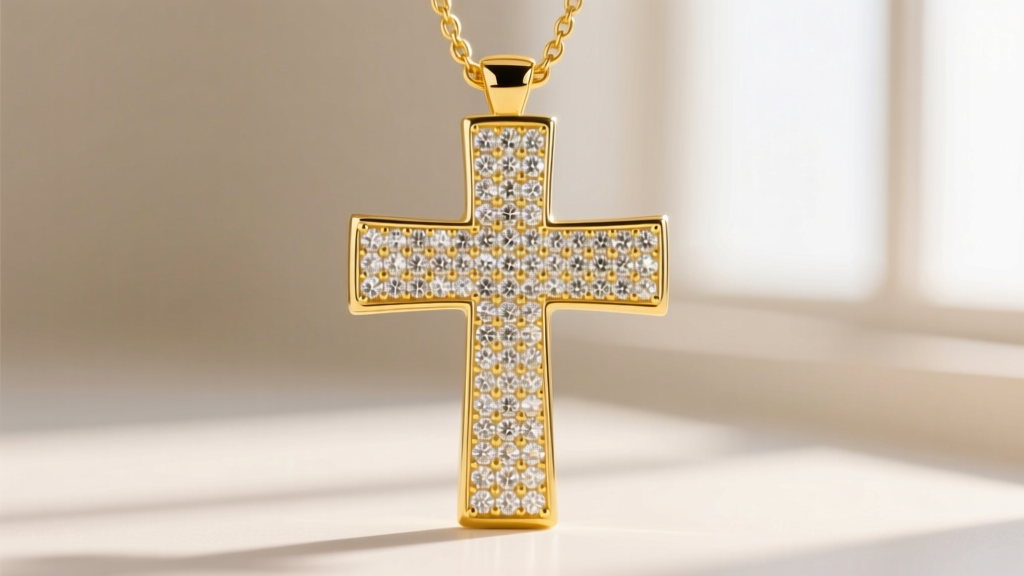 Macro shot of a yellow gold iced out cross pendant showing intricate micro-pave diamond settings and polished gold edges