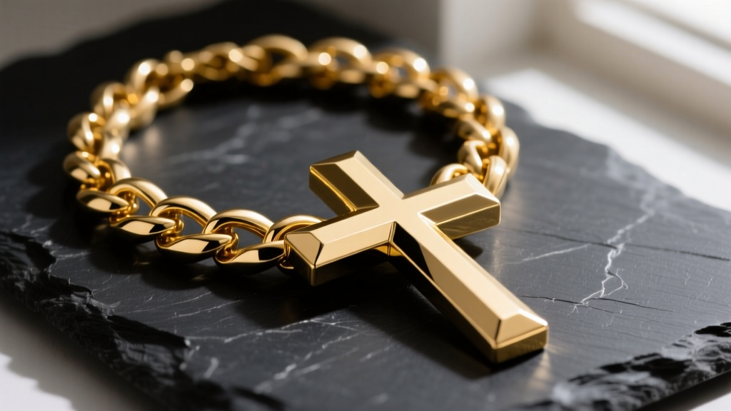 Close-up of a heavy solid 14k yellow gold chunky cross necklace resting on dark slate, highlighting the polished beveled edges.