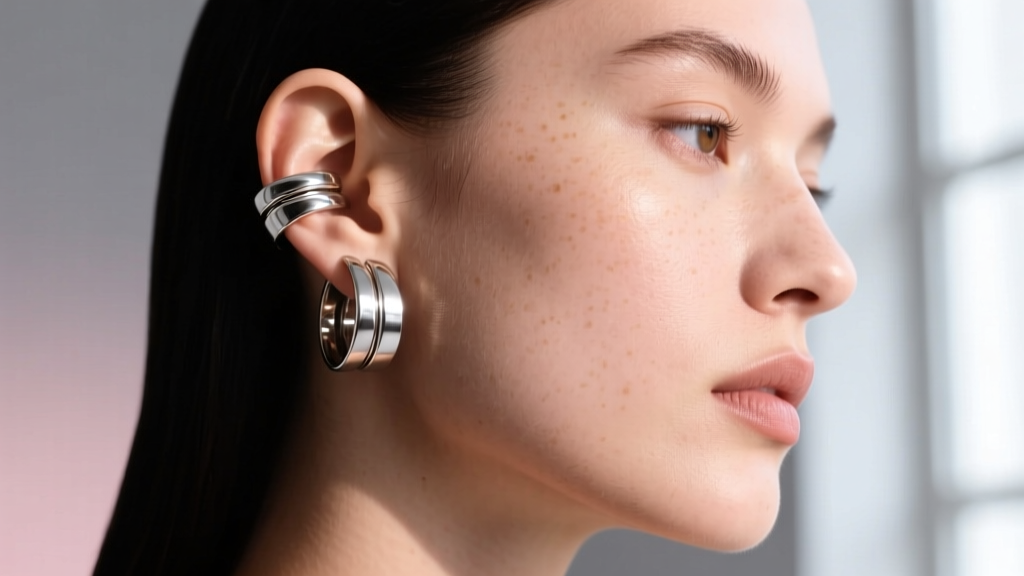 Close-up of a silver full ear wrap cuff on a model, highlighting tension points on upper and lower cartilage under soft lighting.