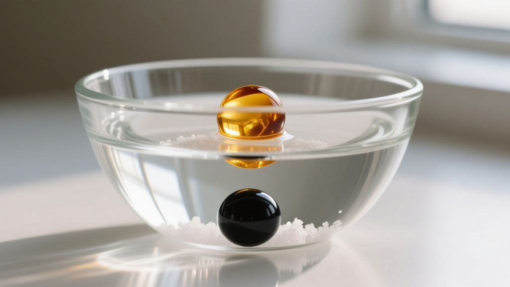Clear glass bowl of saltwater showing a genuine Baltic amber bead floating while a dark plastic bead sinks down to the bottom.