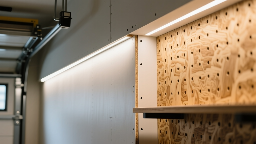 Close-up of a finished garage interior wall showing 5/8-inch Type X drywall seamlessly meeting an OSB pegboard workstation under bright LED lighting