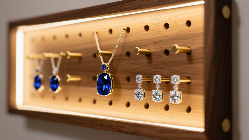 LED channels behind a wood pegboard display emitting warm light on sapphire pendants and diamond earrings resting on brass pegs