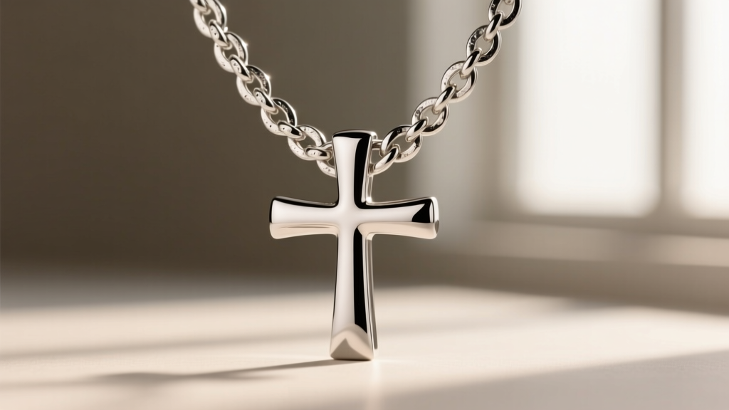 Macro shot of a sterling silver figaro chain threaded through a polished platinum cross bail, highlighting detailed metal textures.