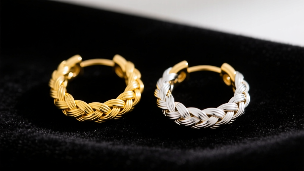 Studio close-up of yellow and white gold braided two tone hoop earrings on dark velvet, soft lighting showing metal textures
