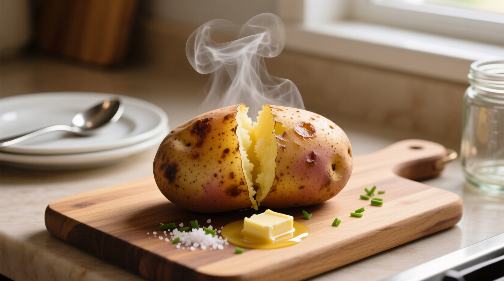 Microwave baked potato with steam rising