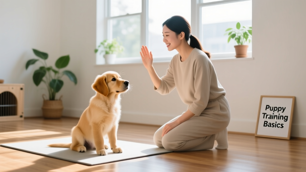 A calm, well-supervised puppy learning basic commands in a clean, sunlit training space with a gentle trainer