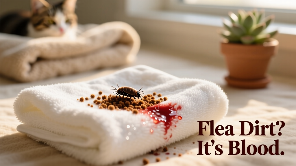 Close-up of flea dirt on a white towel turning reddish-brown when moistened