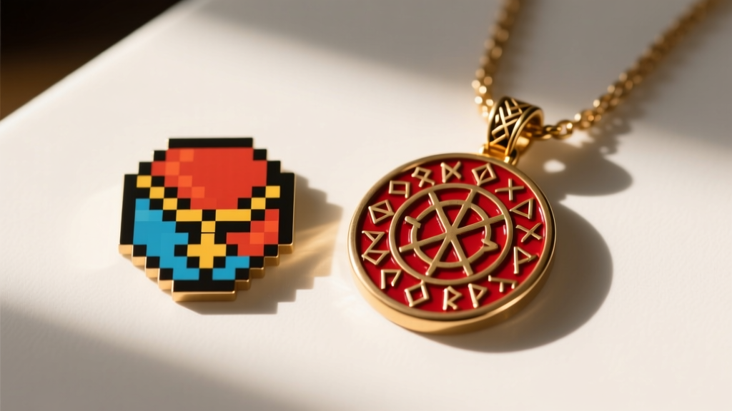 Flat lay of the pixelated OSRS binding necklace icon beside a polished brass and red enamel real-world replica fantasy pendant