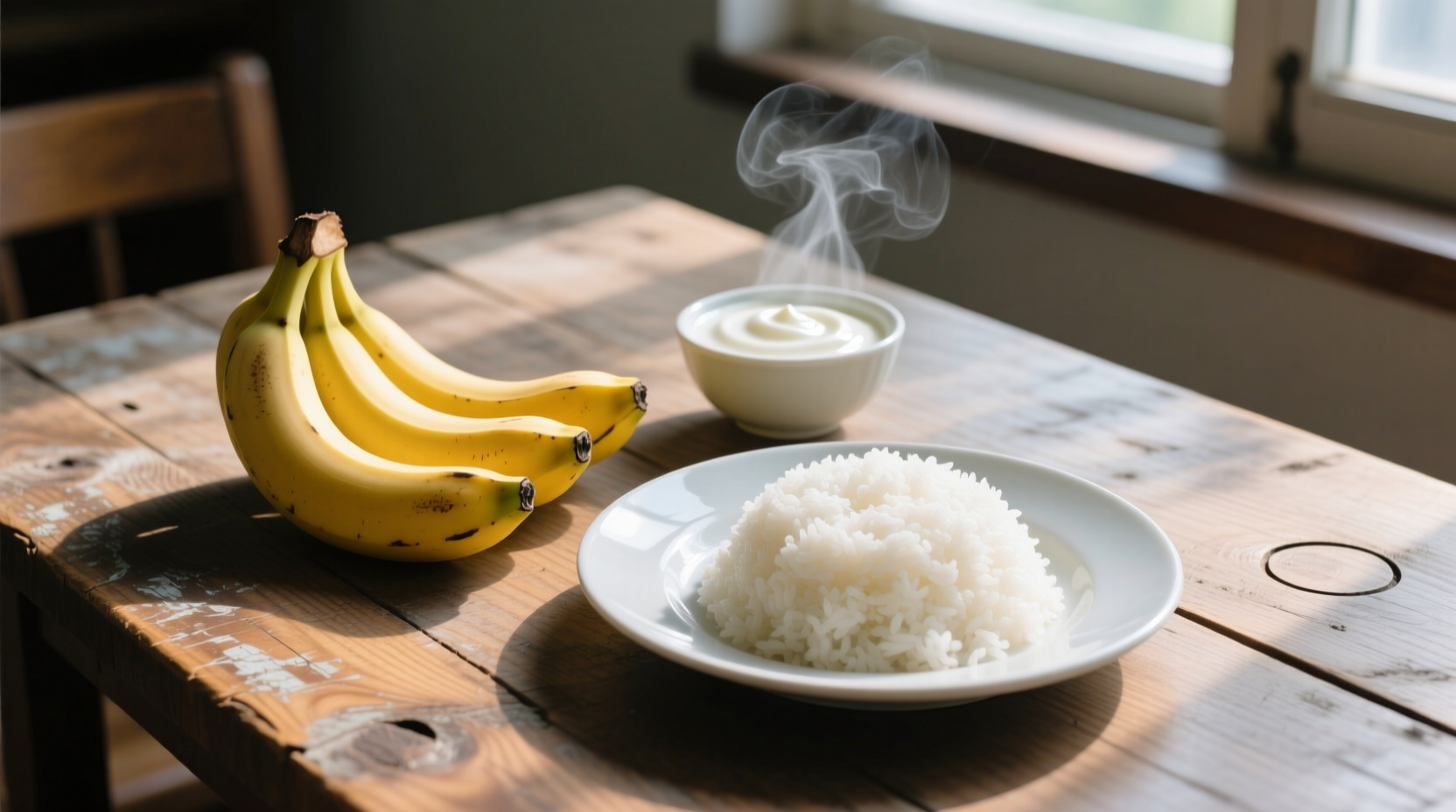 Fresh bananas, plain yogurt, and cooked rice on wooden table