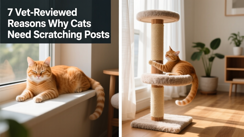 Side-by-side comparison showing a FurPetVo vertical post beside a cozy window perch, both used by a relaxed ginger cat