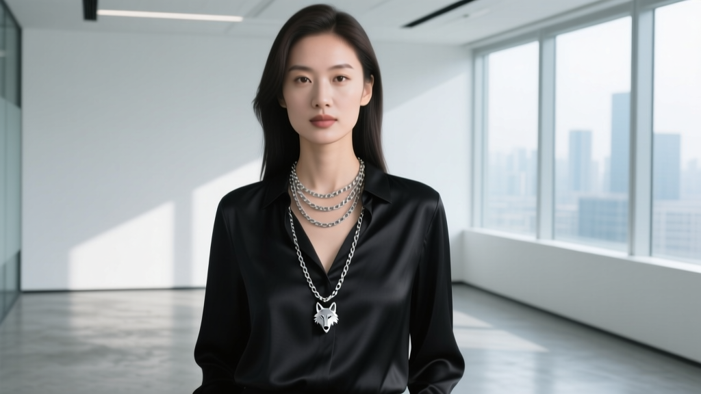 Woman wearing a layered silver chain necklace with a subtle wolf motif over a black silk blouse in a modern minimalist office