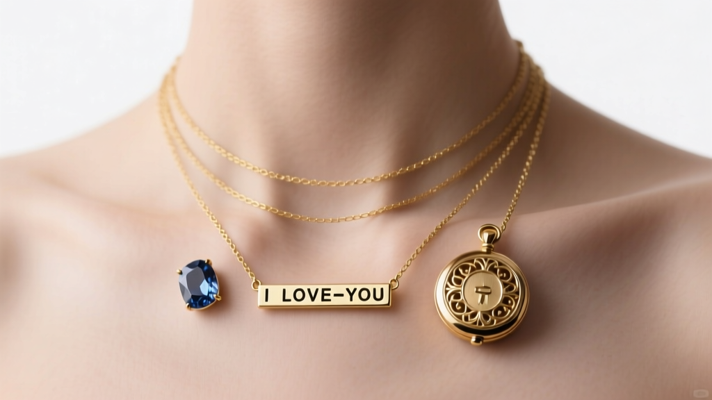 Layered gold necklaces with a morse code bar, raw sapphire, and reliquary locket on a bare collarbone in soft light