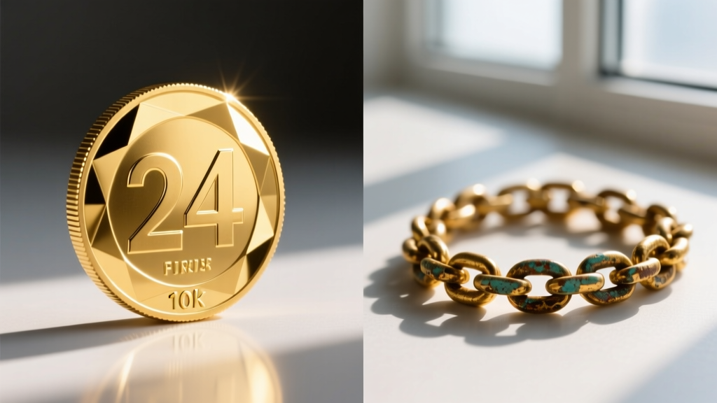 Split view of pristine 24k gold coin on left and vintage 10k gold chain with darkened crevices on right in bright studio light