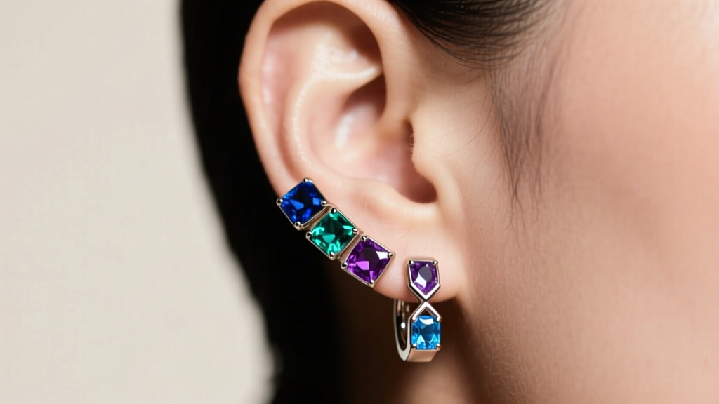 Side profile of an ear lobe wearing titanium huggie hoops with channel-set multi colored sapphires under soft studio lighting.