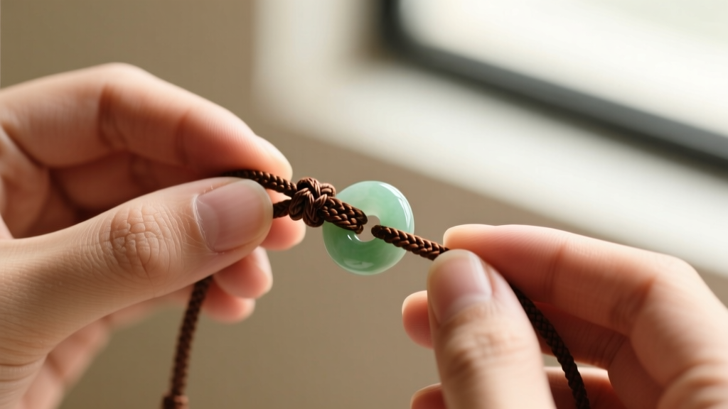 Hands tying a brown waxed polyester macrame sliding knot on a jade donut necklace cord, with the background softly blurred out.