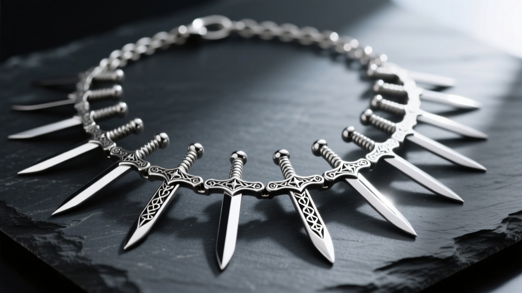 Articulated necklace of swords with high carbon steel miniature blades and sterling silver crossguards resting on dark slate