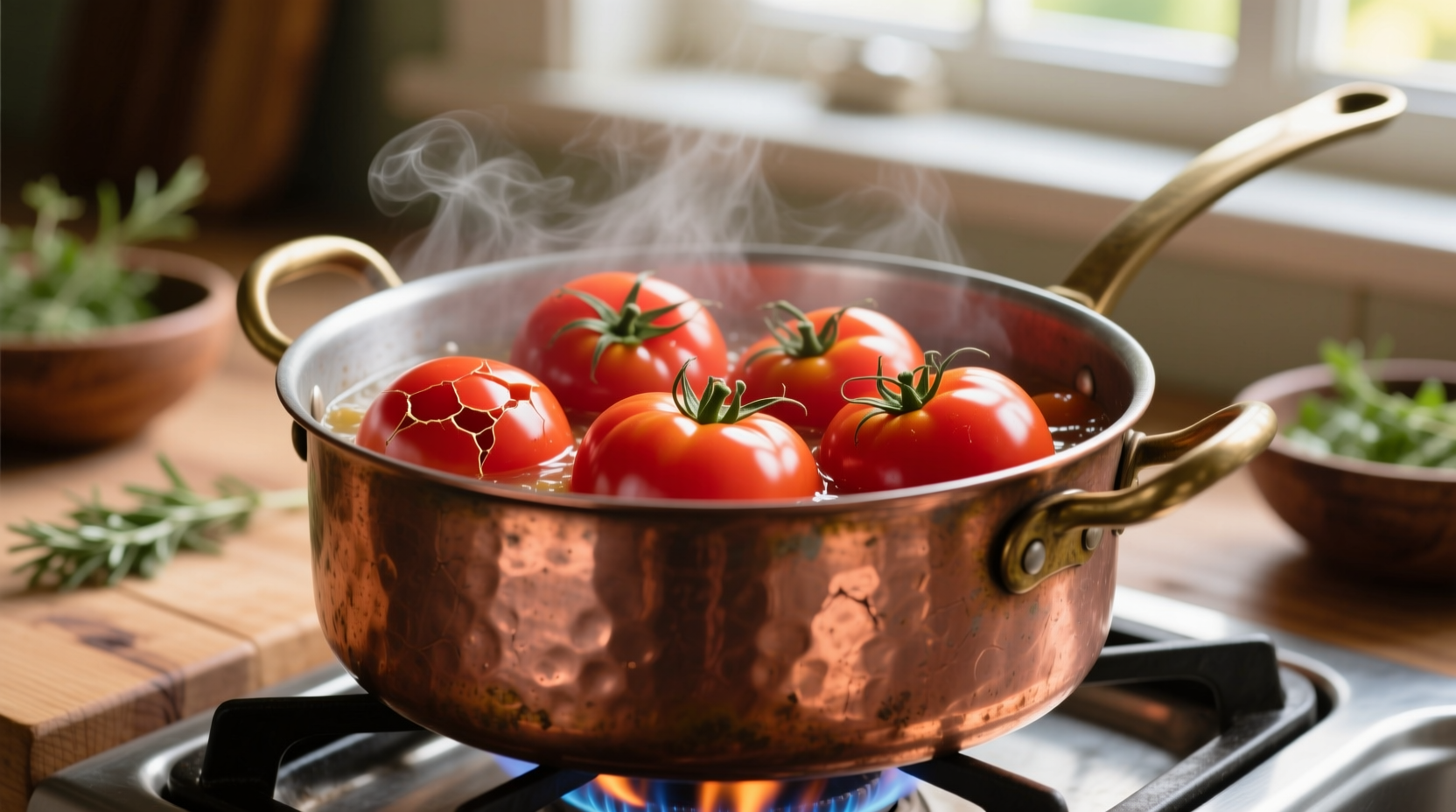 Fresh tomatoes simmering in a copper pot