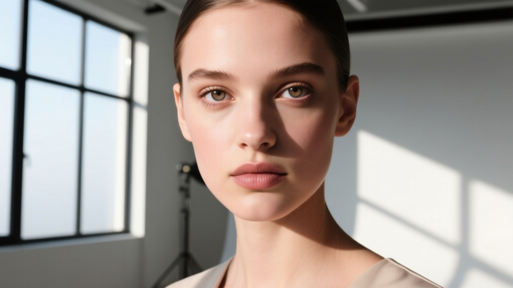 Close-up of a model's ear featuring a stack of gold hoops, huggies, and diamond studs against a soft beige studio background.