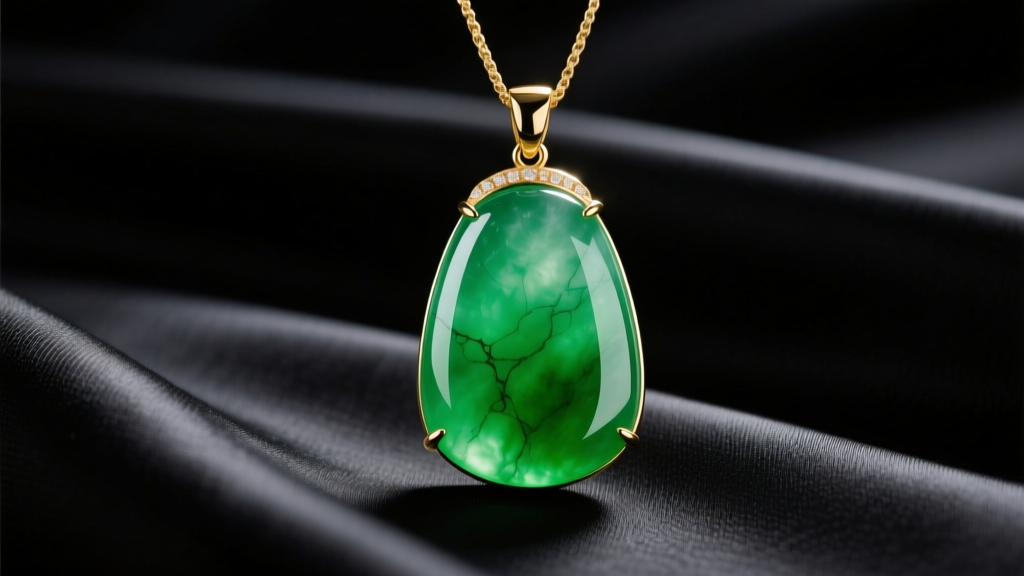 Green jadeite pendant in 18k gold on dark silk, highlighting translucency and rich color saturation under soft studio lighting