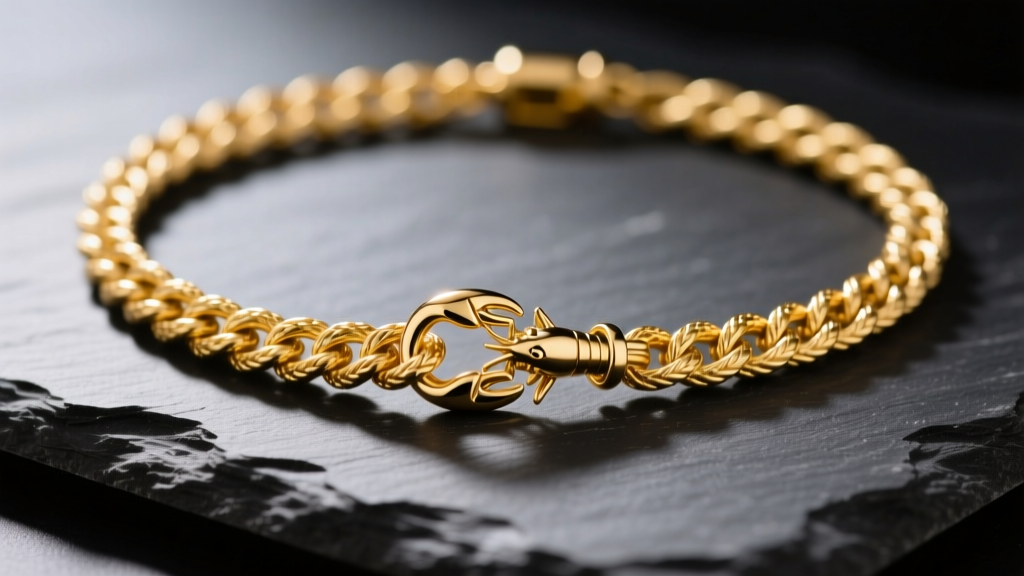 Macro shot of a 14k yellow gold rope chain necklace with a lobster clasp resting on dark slate to highlight the metal texture.