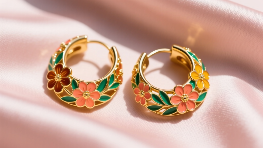 Vibrant gold-plated enamel hoop earrings with floral motifs resting on blush silk, photographed from above in bright light.
