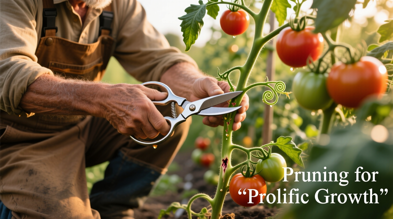 Gardener carefully pruning tomato suckers with clean shears