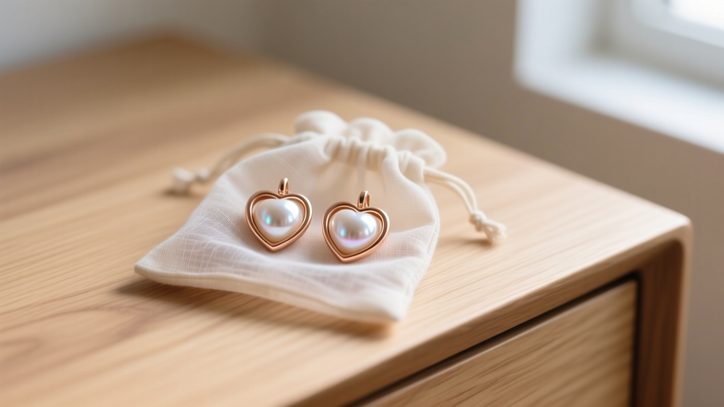 Rose gold pearl heart earrings tucked inside a breathable cotton jewelry pouch, resting on a light oak wooden dresser surface.