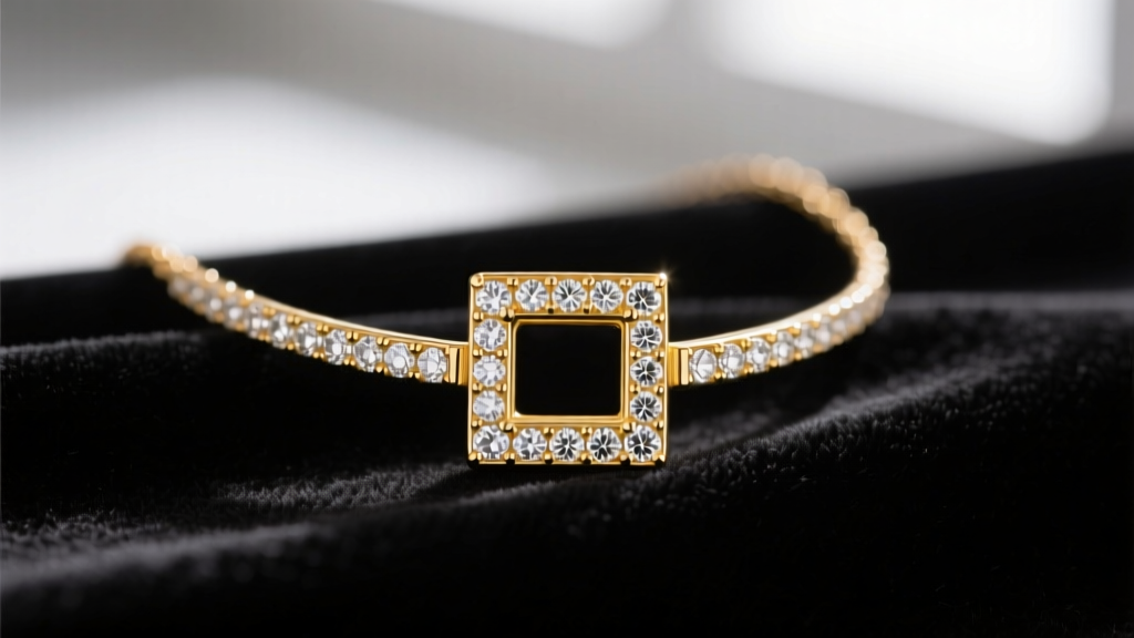 Close-up of an elegant 14k yellow gold necklace featuring a decorative diamond-encrusted box clasp resting on dark velvet fabric.