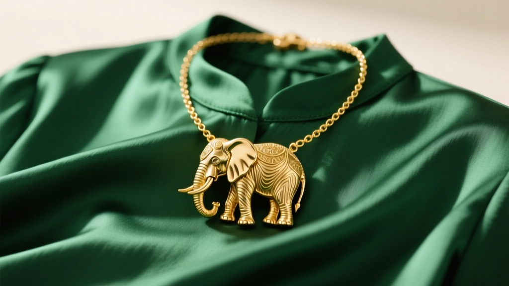An 18k gold vermeil African elephant necklace resting elegantly on an emerald green silk blouse under soft, warm studio lighting