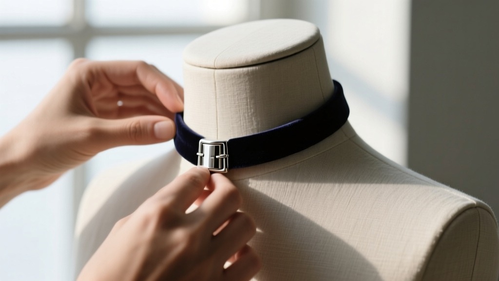 Jeweler hands adjusting a dark velvet adjustable necklace sizer cord with a silver slider clasp over a linen mannequin neck.