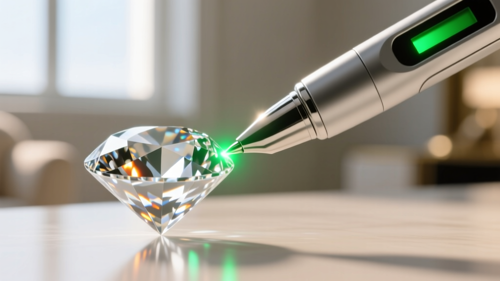 Close-up of a digital diamond tester pen touching the girdle of a large pendant stone, with a green LED light glowing brightly.