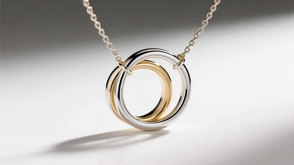 Side profile of an 18k white gold 2 circle necklace showing wire gauge thickness and overlapping joint under bright studio lighting