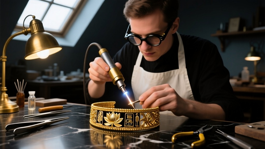 Jeweler using a laser welder to fix a 21k gold granulation bead on an Egyptian revival bracelet at a dimly lit jewelry workbench