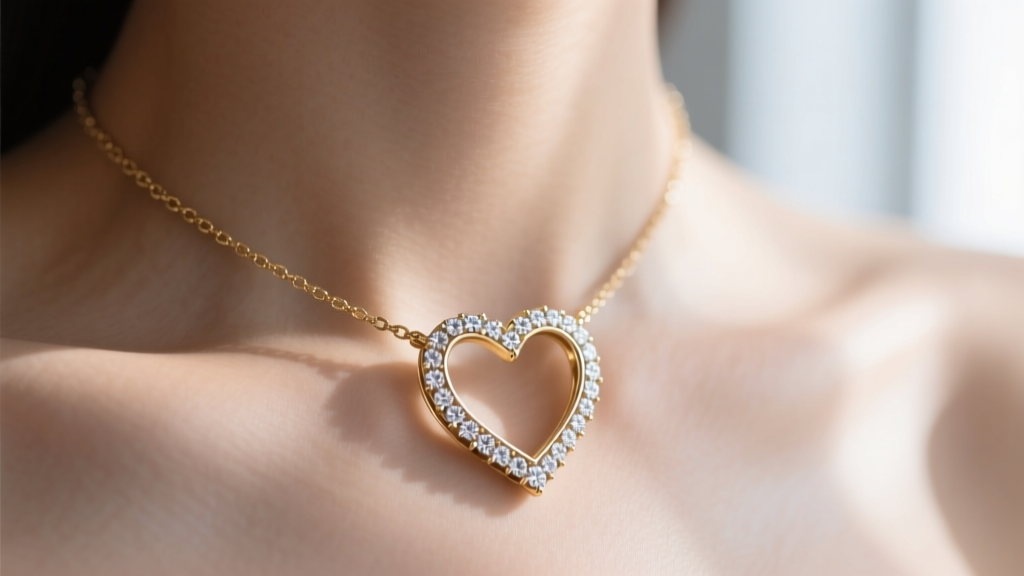 Close-up of an 18k white gold open heart diamond necklace with pave edges resting on a collarbone in soft natural window light.
