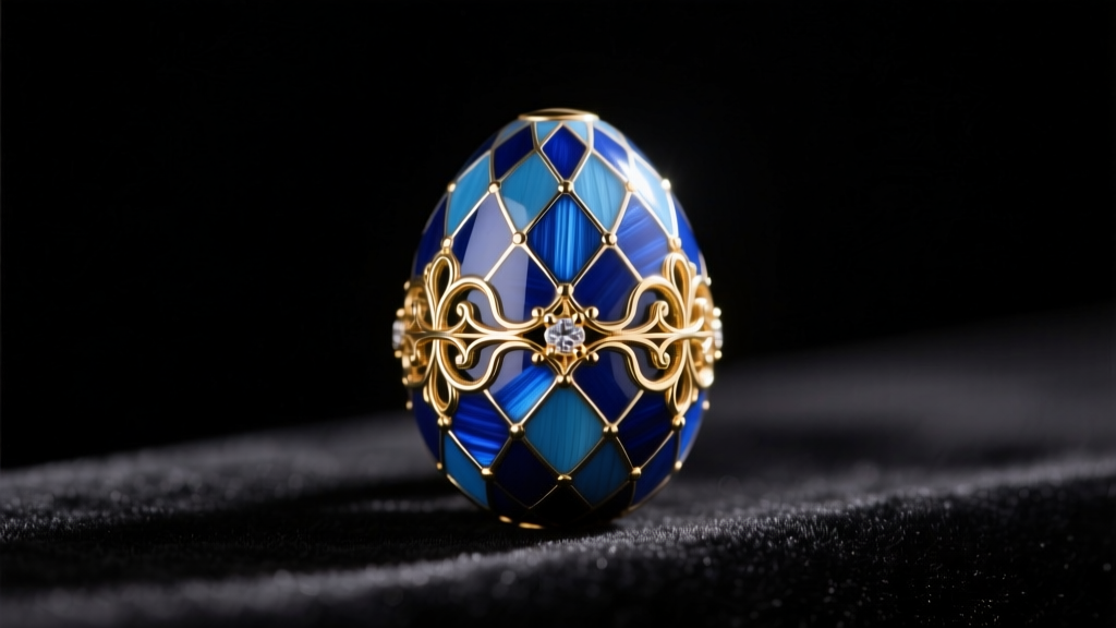 Macro shot of a cobalt blue guilloché enamel egg pendant with gold filigree on dark velvet under soft warm studio lighting