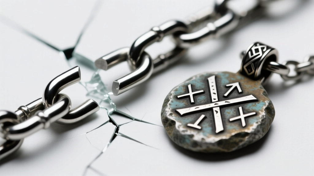 Macro shot of a broken 1.2mm stainless steel box chain link beside a heavy Viking rune pendant, illuminated by cool studio lighting