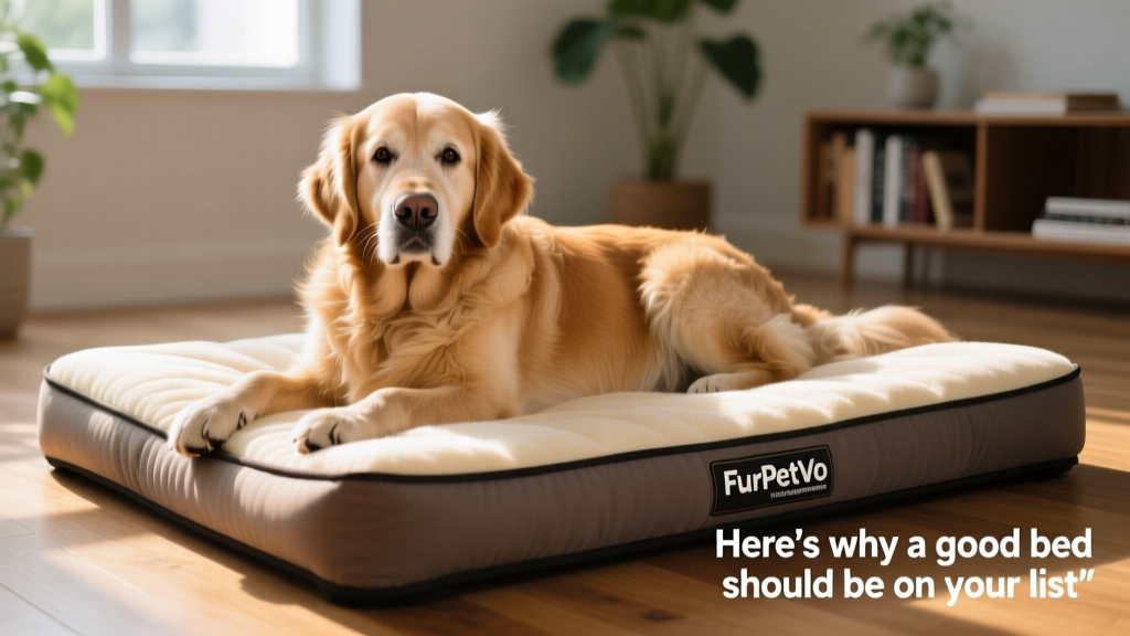 Senior golden retriever resting comfortably on a FurPetVo orthopedic bed with supportive foam and soft, washable cover