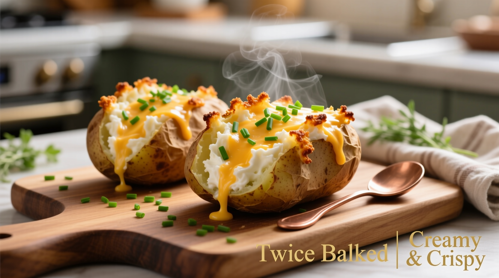 Creamy twice baked potatoes with cheese and chives topping