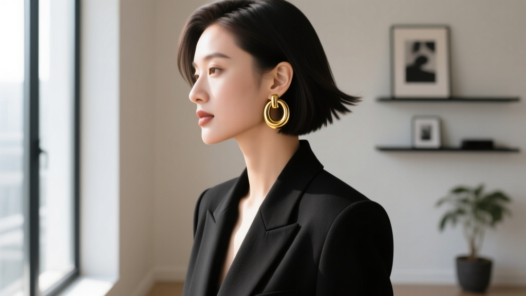 Side profile of a woman with a sleek bob wearing medium-sized Celine brass hoop earrings, paired with a tailored black blazer.