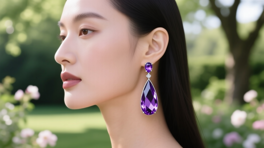 Side profile of a woman wearing amethyst briolette drop earrings that elongate her jawline against a blurred garden backdrop