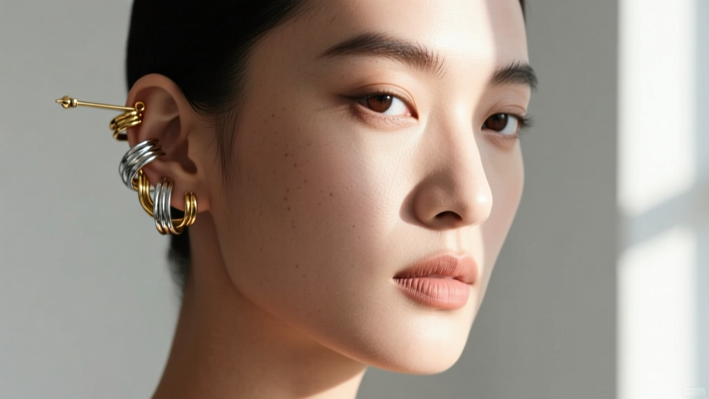 Model portrait with asymmetrical ear curation, left ear wearing a mixed-metal fusion ear climber illuminated by soft window light.