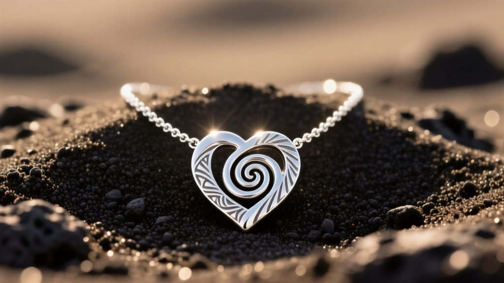 Sterling silver Moana Heart of Te Fiti necklace on dark volcanic sand, with soft sunlight highlighting the carved spiral detail.