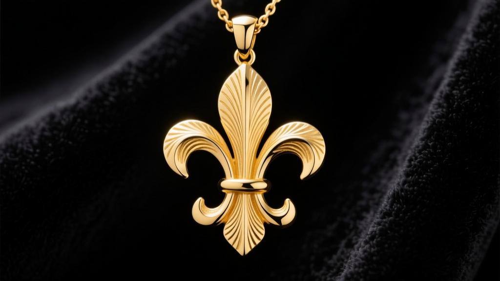 14k yellow gold fleur de lis pendant on dark velvet, showing cast petal details and high-polish finish under soft studio lighting.