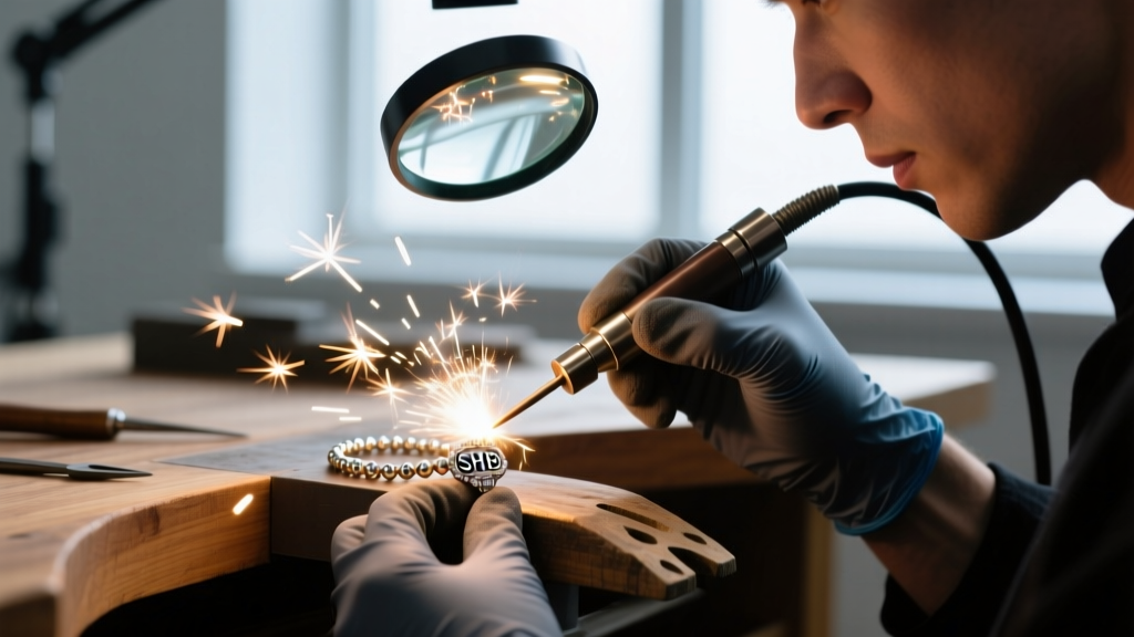 Jeweler using a laser welder to fix a bead on an SHB necklace, with bright sparks and a magnifying loupe visible in the frame
